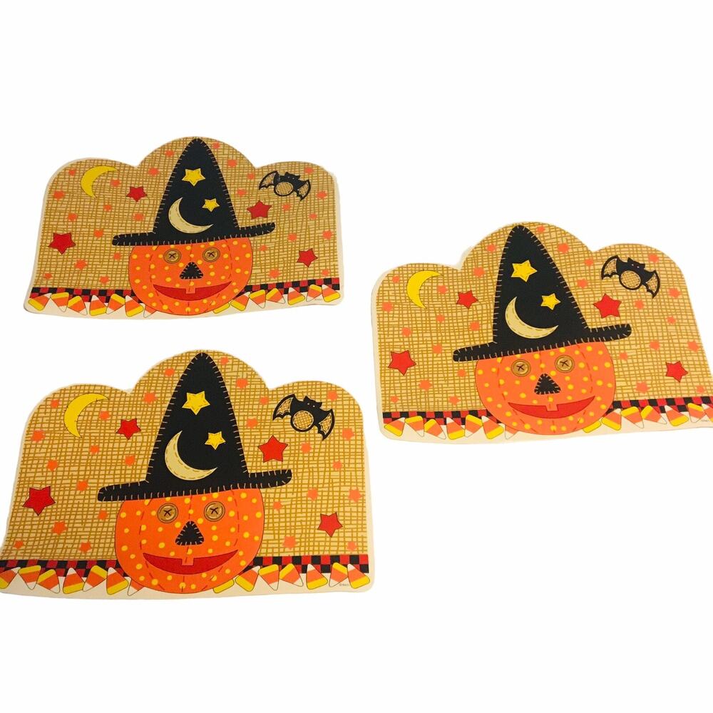 Vtg Halloween Witch Hat Pumpkin 🎃 Candy Corn Bat Vinyl Table Placemats Set of 3